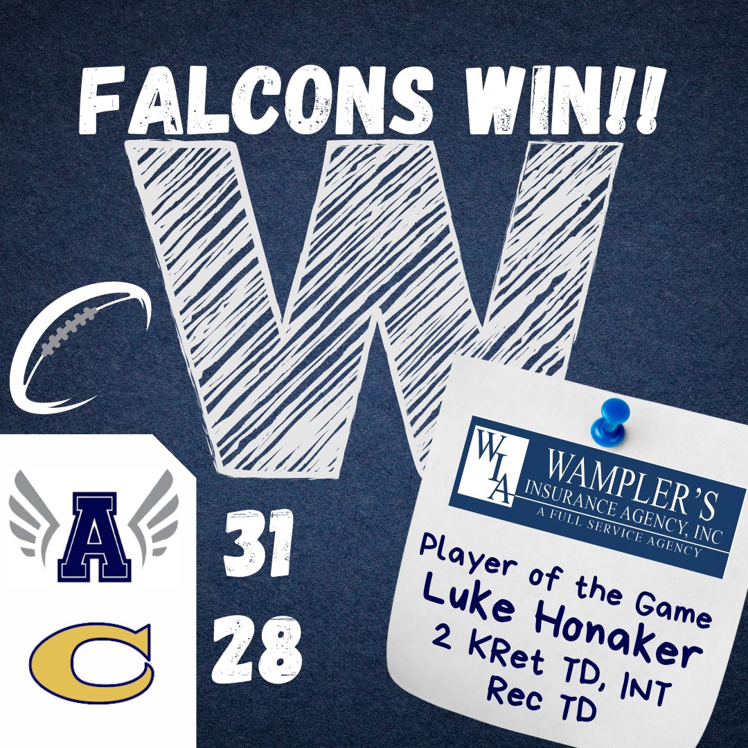 Falcon Football 🏈 FINAL
Abingdon 31 - Christiansburg 28
<a href="/WamplersIns/">Wampler's Insurance</a> POG -Luke Honaker

<a href="/tnsportslive/">Times News Sports</a> <a href="/BHCSports/">BristolSports</a> <a href="/Hayes_BHCSports/">Tim Hayes</a> <a href="/Timesland/">Timesland</a> <a href="/Greg_BHCSports/">Allen Gregory</a> <a href="/SportsHeather/">Heather Williams</a> <a href="/WJHL_Kenny/">Kenny Hawkins</a>