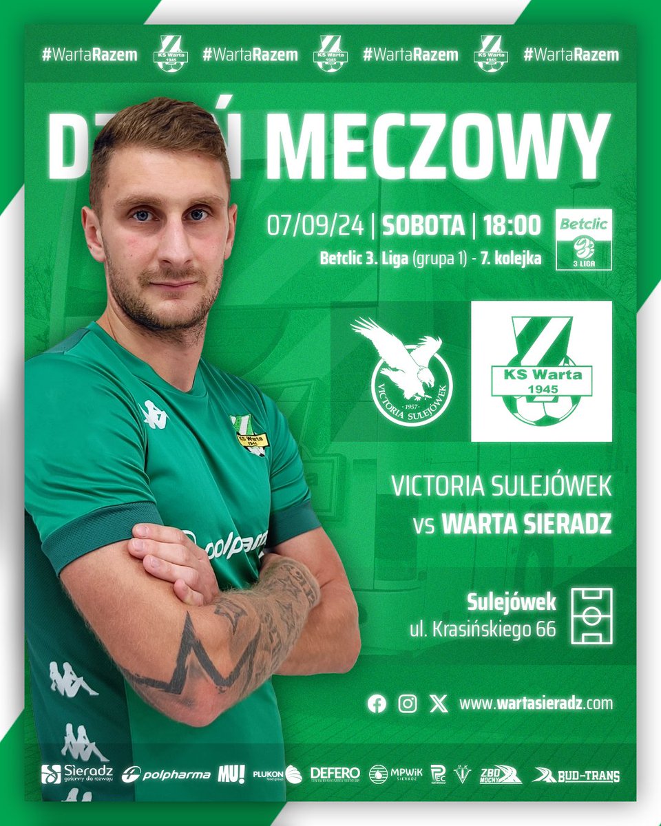 ⚽ DZIEŃ MECZOWY!
🏆 Betclic 3. Liga (grupa 1) - 7. kolejka
🆚 <a href="/VikciaSulejowek/">Victoria Sulejówek</a> 
🕕 18:00
📌 Sulejówek, ul. Krasińskiego 6
💻 Relacja tekstowa na wartasieradz.com

📰 Zapowiedź spotkania:
wartasieradz.com/celem-victoria/