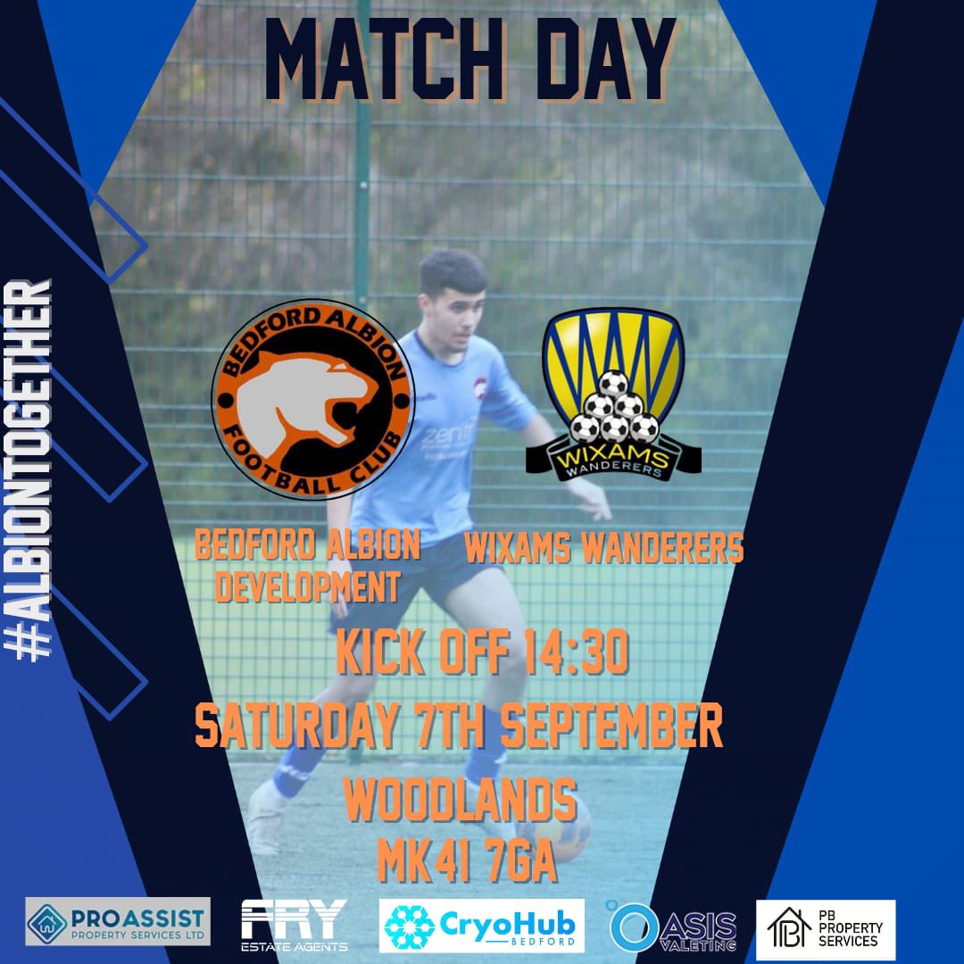 𝗠𝗔𝗧𝗖𝗛𝗗𝗔𝗬 | <a href="/bedscountylge/">Beds County League</a>

Our Development team are in action this afternoon looking to build on our opening day point. We host <a href="/WixamsWanderers/">Wixams Wanderers</a> at Woodlands, 2.30pm kick off.

#AlbionTogether 💙