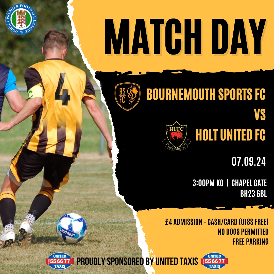 BmouthSportsFC's tweet photo. MATCHDAY 7

Another big test for our First Team, as we host Holt United, in what promises to be another very tight game for our boys.
#COYS 💛🖤

Proudly Sponsored by @UnitedTaxis https://t.co/PDUnqCuOWX