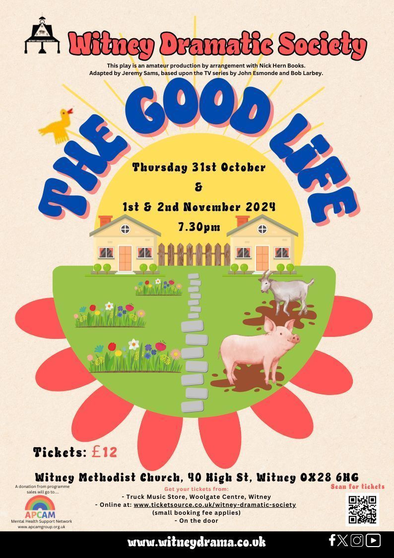 Join us for Witney Dramatic Society's production of 'The Good Life'! Tickets are now available online at buff.ly/47fytC8 (small booking fee applies). Don't miss out on this exciting show!