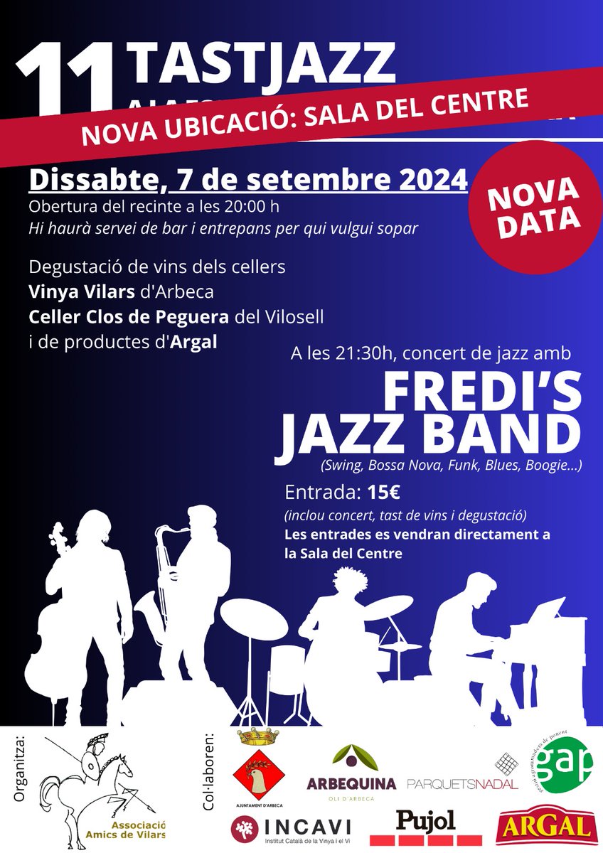 ⚠️La celebració del 11 TastJazz previst  per aquesta nit es trasllada a la Sala Centre d'Arbeca. Que gaudiu d'una gran nit!!