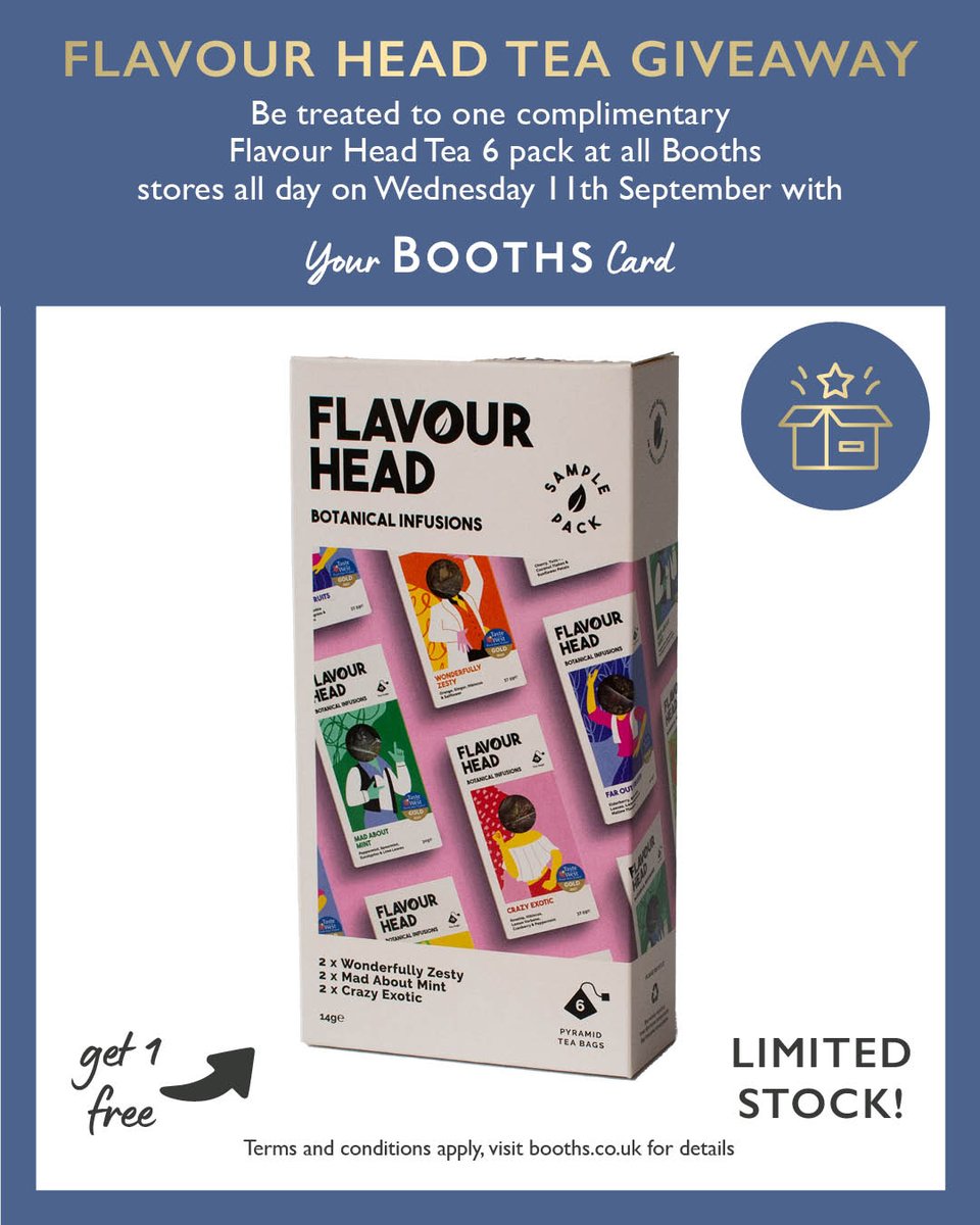 Our next Booths Cardholder giveaway is this Wednesday 11th September with Flavour Head Tea! ☕

If you don't have a Booths card you're too late for this giveaway, tap the link in our bio and sign up online to take advantage of future freebies