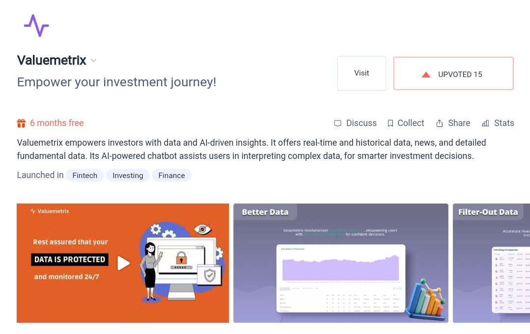 We have been in stealth mode from last 6 months and was building the platform to help individuals and retail investors make smarter financial decisions with real-time stock data and our unique AI powered chatbot for your research.

We're live: producthunt.com/posts/valuemet…