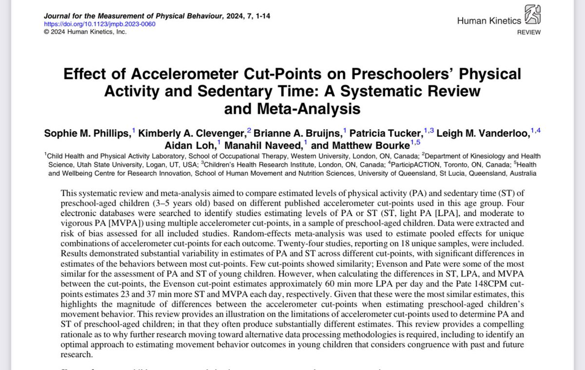 New review: “Effect of Accelerometer Cut-Points on Preschoolers’ Physical Activity &amp; Sedentary Time” highlights significant variability in activity estimates using different cut-points. More research needed to optimise data processing methods for young children.