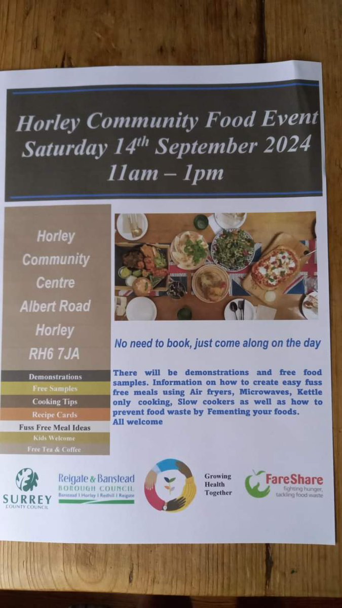 TFreemanHorley's tweet photo. Saturday 14th September from 11am to 1pm at the Horley Community Centre a free food event. https://t.co/9TEqJohezW
