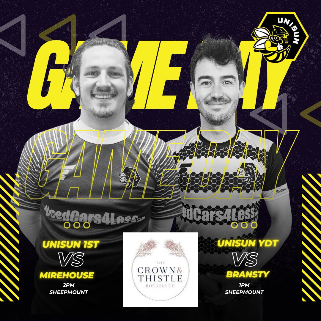 It’s game day! 

1sts return to action after a break last week in the Conway Cup 1st round at home to Mirehouse. 

YDT look to bounce back from last week’s defeat as they host Bransty. 

Today’s matches have been kindly sponsored by crownthistlerockcliffe 

Up the Uni 🖤💛🐝