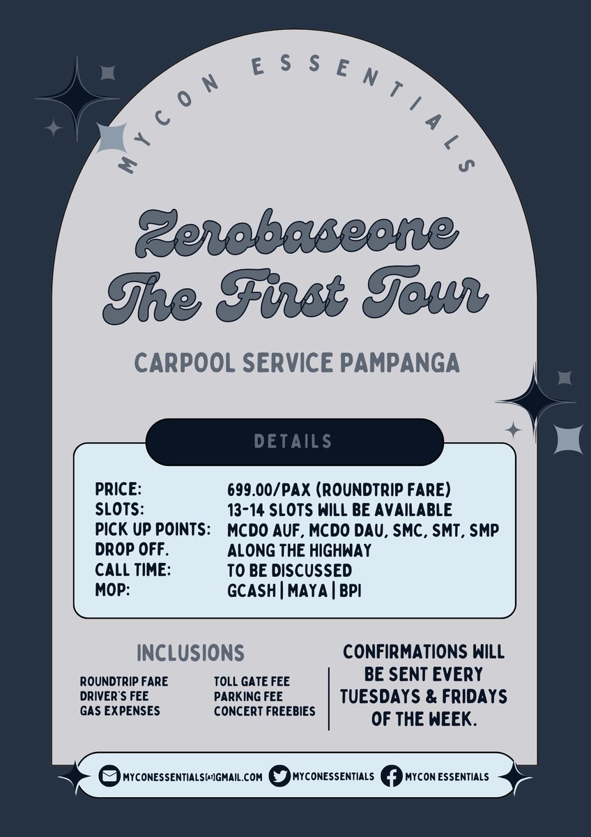 WTS LFB PH

ZEROBASEONE The First Tour PAMPANGA Carpool

📍Mabalacat Dau Angeles San Fernando

Further details are posted below. 

If you wish to avail slot/s, kindly fill out this form: bit.ly/zb1-tour

🏷️ zb1 concert vanpool service

#ZEROBASEONE #ZEROBASEONEINMANILA