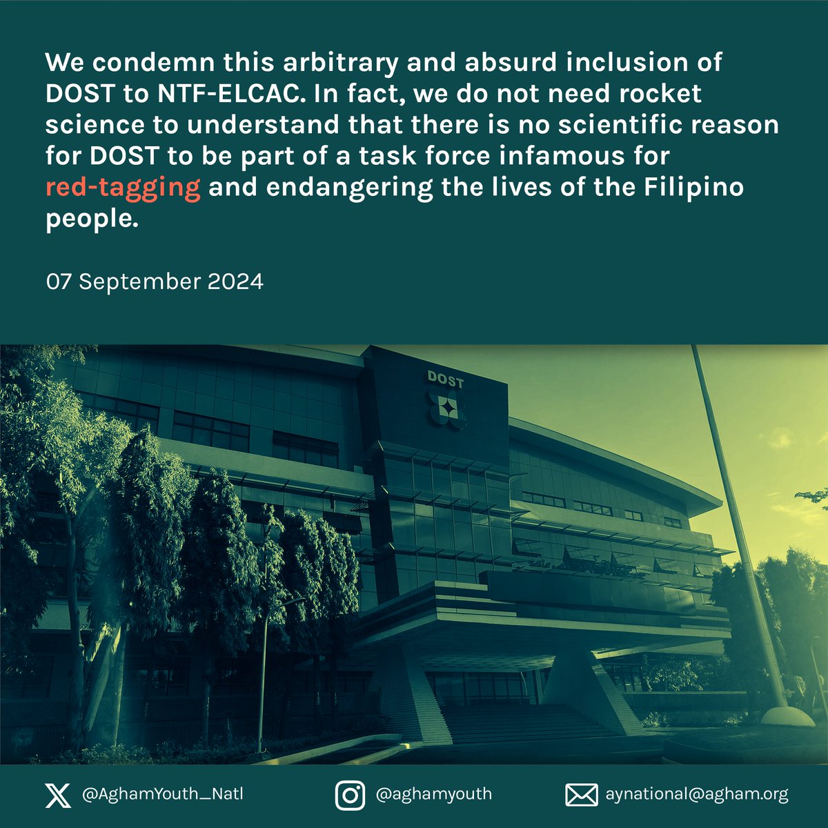 As scientists for the people, we call on the DOST to rescind their inclusion to the task force and to defund and abolish NTF-ELCAC!

Read our whole statement here: facebook.com/share/p/vznwY5…
