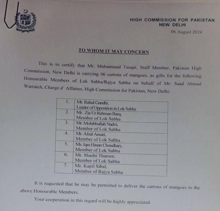 Mrsinha's tweet photo. Last month, Pakistan had sent special mangoes for some Indian politicians.

Their names are
-Rahul Gandhi
-Zia Ur Rehman Barq
-Mohibullah Nadvi
-Afzal Ansari
-Iqra Hasan Choudhary
-Shashi Tharoor
-Kapil Sibal

Anybody is surprised...? https://t.co/pHd7FuO0jB