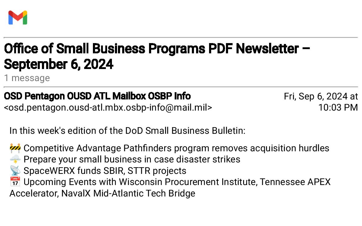 General_Seldon's tweet image. #OSBP DoD Office of Small Business Programs PDF Newsletter – September 6, 2024
@DeptofDefense #OSD @SecDef #OUSD #OfficeOfTheUnderSecretaryOfDefense @BusinessDefense
DoD Small Business Bulletin+Digest linkedin.com/company/dod-os… via @LinkedIn
#Pathfinders #SpaceWERX #SBIR #STTR #APEX