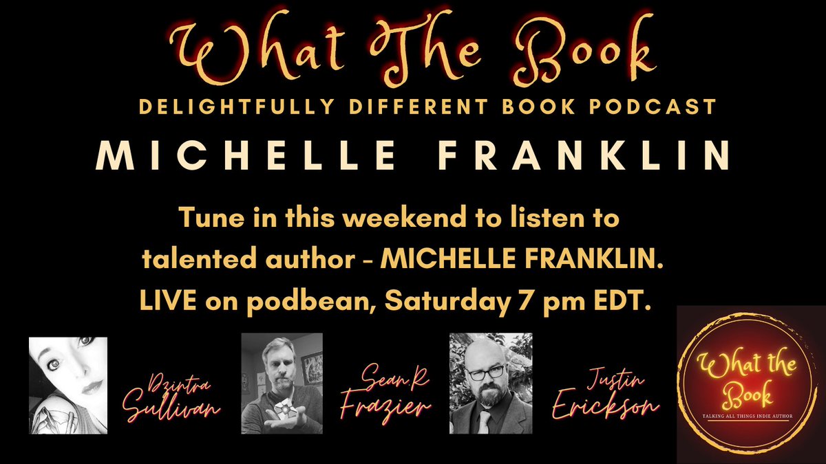 #Bookers

This weekend we have the deliciously delightful author <a href="/MrsDenAsaan/">Michelle Franklin | Legends and Lectures</a> in the hot seat. 

We are going to take a historical ride you won't want to miss.... Seriously, it's gonna get naughty. 😈

Listen #Live 

Hosts 
<a href="/TheCleftonTwain/">Sean R. Frazier, Author</a> 
@maladjustined 
<a href="/DzintraSullivan/">Dzintra - Author</a>