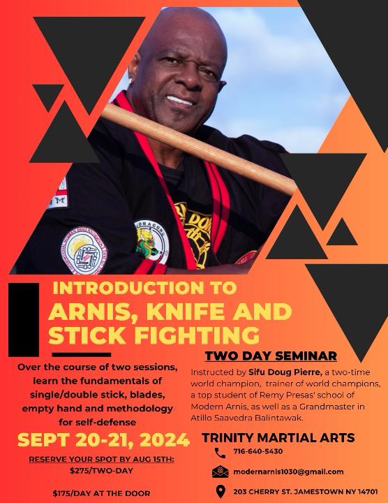 If you are a martial artist or just wanting to know about using knife and stick as weapons - join this seminar with New York City based world champion Sifu Doug Pierre. Highly recommended.