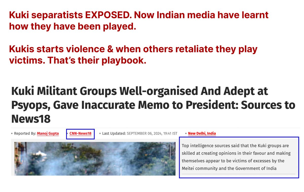 ManipurWaari's tweet photo. Now, India media have learnt their lessons. Kukis have been playing a game all along.

1. Start the attack
2. Wait for Meiteis to react
3. Play victims
4. Demand separate Kukiland from Manipur

Now, in Indian media circles, these Kukis r called out 4 their disinformation tactics https://t.co/TPfwc9z2gr