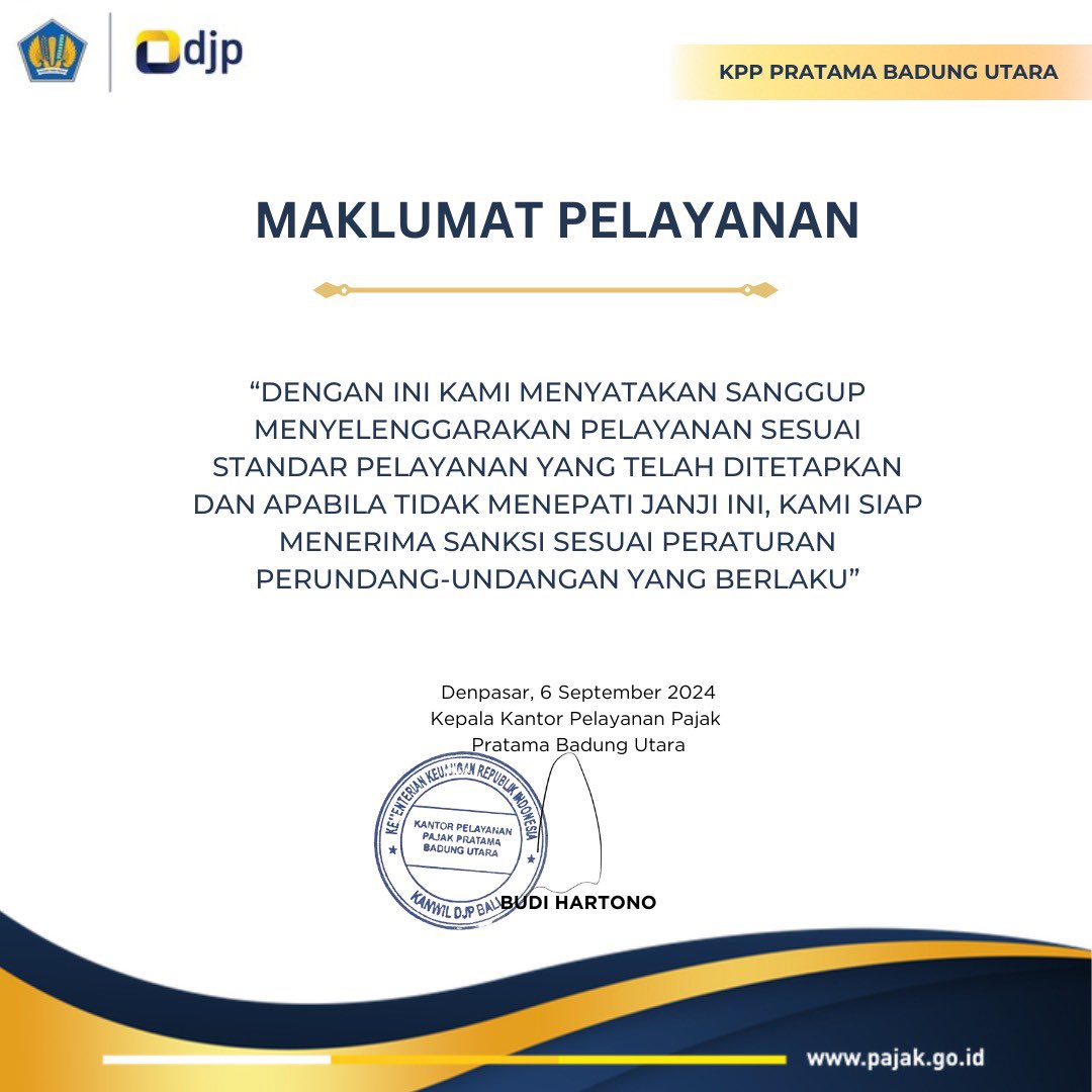pajakbatara's tweet photo. Halo #SemetonPajak!
Maklumat Pelayanan sebagai wujud komitmen dan tanggung jawab KPP Pratama Badung Utara dalam memberikan pelayanan terbaik bagi Wajib Pajak.
KPP Pratama Badung Utara senantiasa berusaha memberikan pelayanan terbaik secara profesional dan mengedepankan integritas https://t.co/7rKnjgS2I1