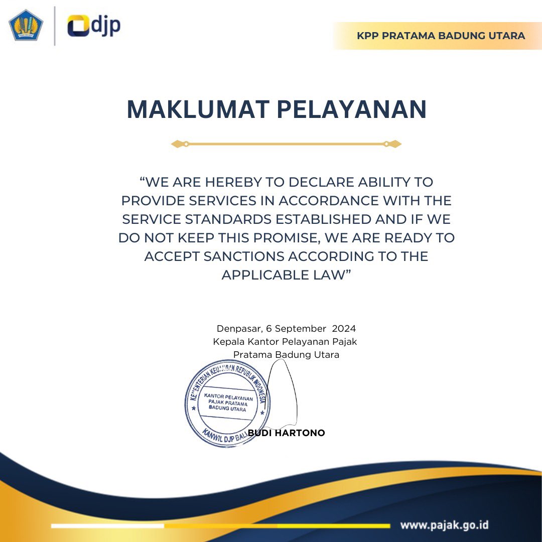 pajakbatara's tweet photo. Halo #SemetonPajak!
Maklumat Pelayanan sebagai wujud komitmen dan tanggung jawab KPP Pratama Badung Utara dalam memberikan pelayanan terbaik bagi Wajib Pajak.
KPP Pratama Badung Utara senantiasa berusaha memberikan pelayanan terbaik secara profesional dan mengedepankan integritas https://t.co/7rKnjgS2I1