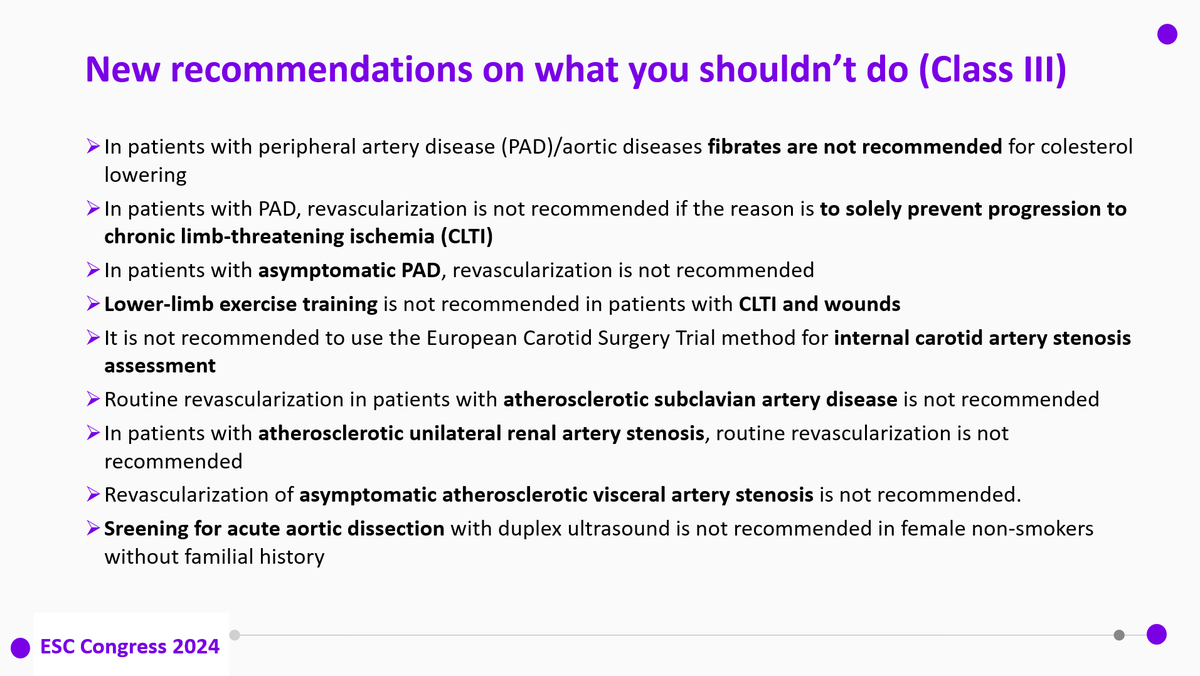Aortic &amp; PAD Guidelines (Part 3)
📌It's important to learn what to do
📌But is mandatory to learn what you musn't do
📌New recommendations include class III statements involving
✅Lipid-lowering therapies
✅Physical exercise
✅Imaging assessment
✅Invasive treatment
#ESCCongress