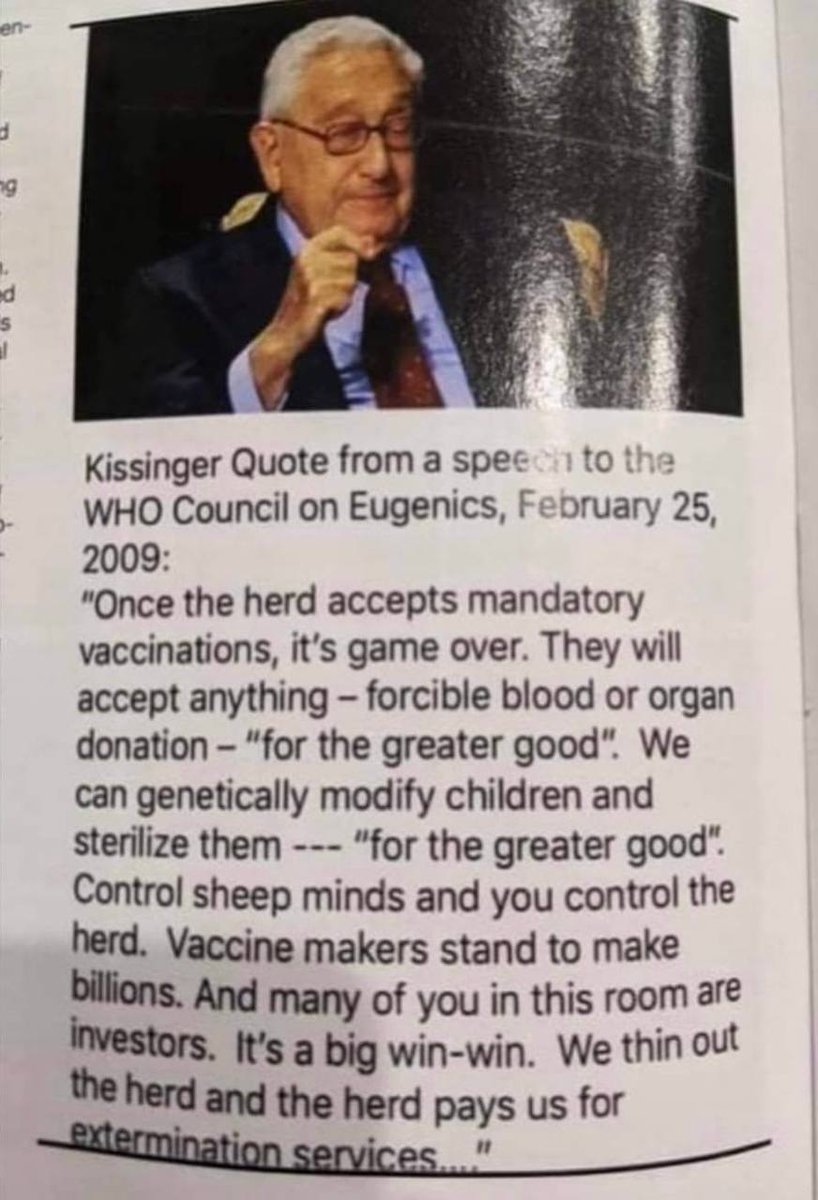 myhiddenvalue's tweet photo. Kissinger's quote from a speech to the WHO Eugenics Council on February 25, 2009: https://t.co/TQS6E1YYQ5