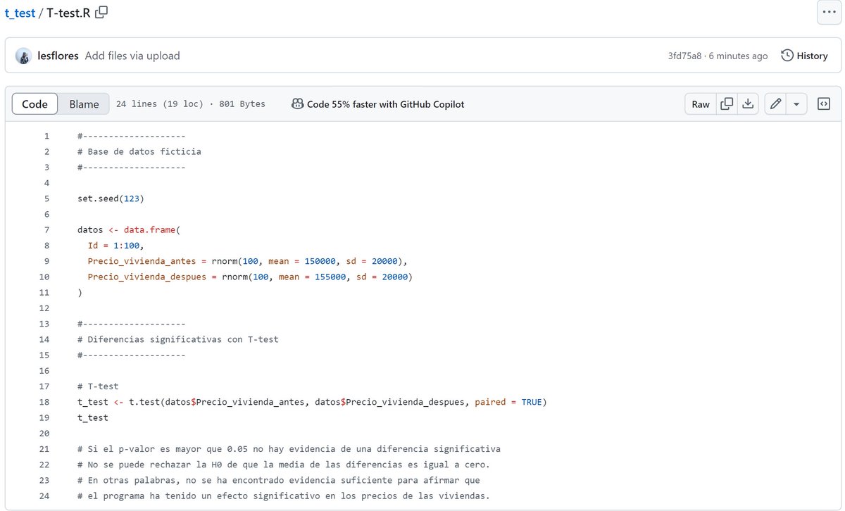 lesssflo's tweet image. Hola! Comparto un ejemplo en #R para realizar un #Ttest y analizar #diferenciasSignificativas en precios de vivienda antes y después de un programa (datos ficticios): github.com/lesflores/t_te…
