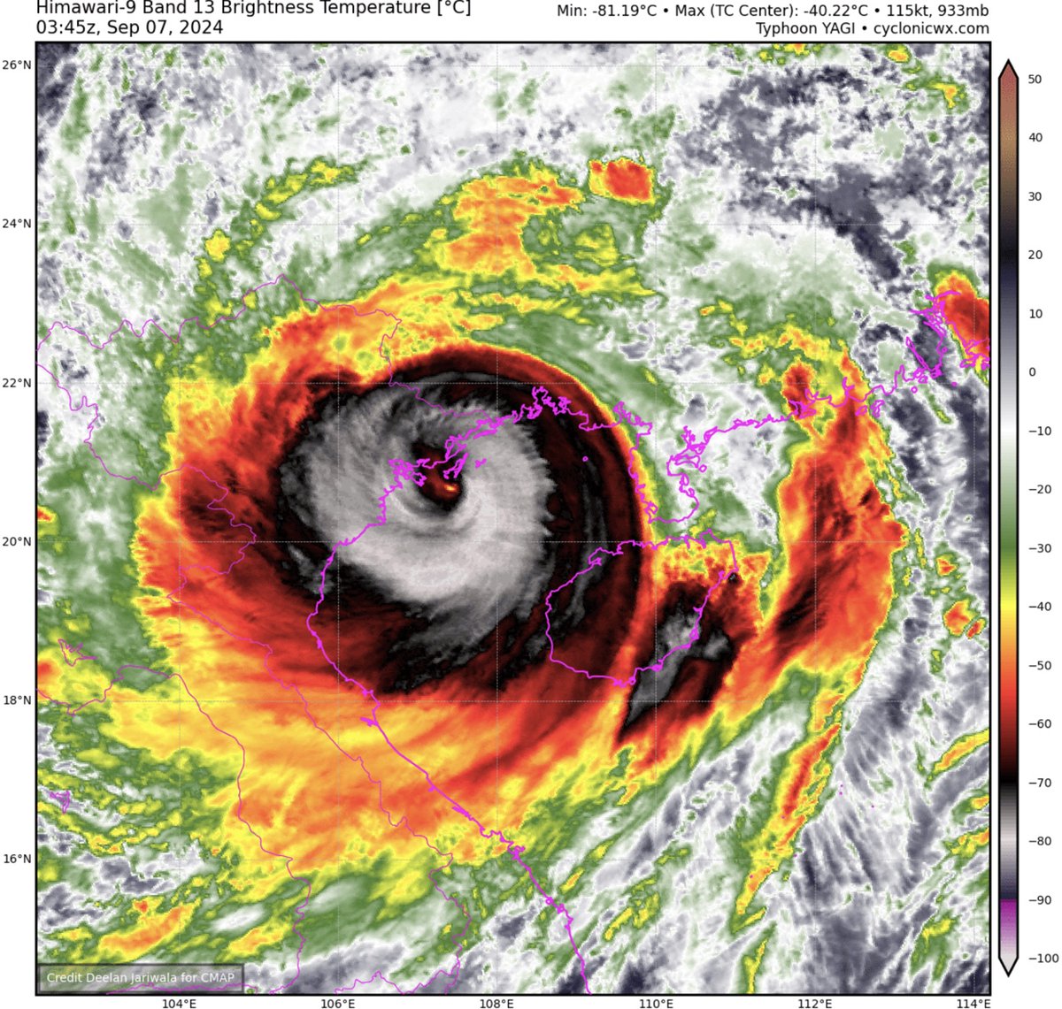 BackpirchCrew's tweet photo. This is a potential worst case scenario for #Vietnam. 130 mph Typhoon #Yagi is likely about to push 10+ ft. (3 m) of storm surge into a region where millions of people live only 8 ft. (2.5 m) above sea-level. #Haiphong, a city with 2 million residents alone, is unfortunately looking like they're facing the fury of Yagi's NW eyewall head-on, where the storm's very powerful winds are flowing directly onshore through Ha Long Bay. 

(Sat-image credit: cyclonicwx)