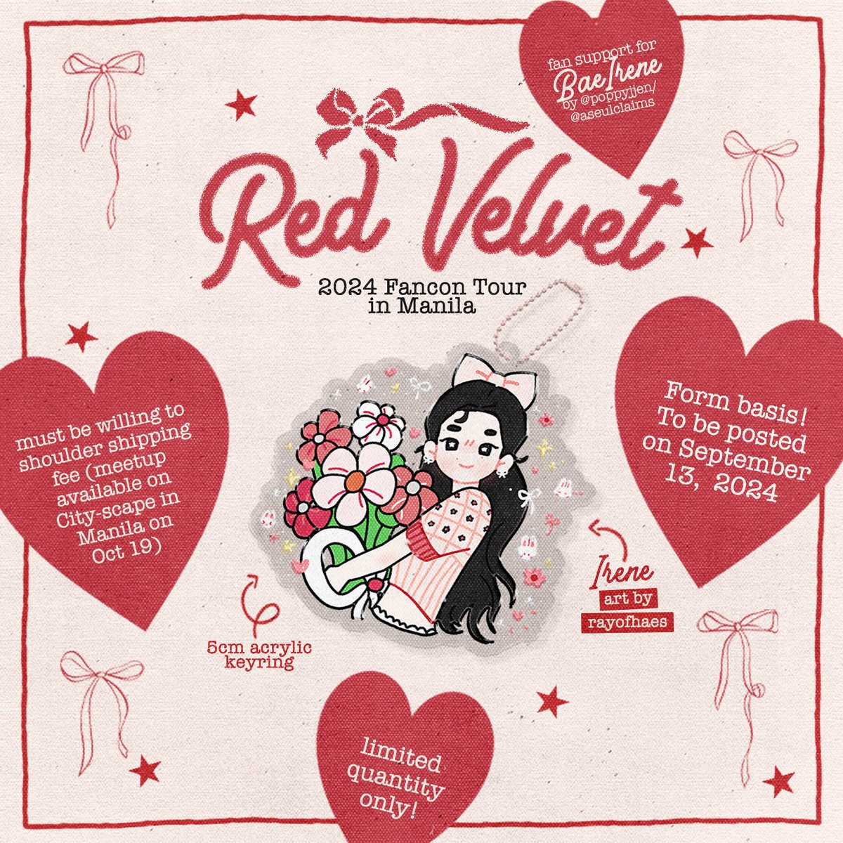poppyjjen's tweet photo. Red Velvet FANCON TOUR
<HAPPINESS: My Dear, ReVe1uv> in Manila

𝟅𝟈 IRENE acrylic keyring 🐰
𝟅𝟈 fan support by @poppyjjen | @aseulclaims 

— FREE CLAIM!
— form will be posted on 09/13 8:01 PM

#아이린 #IRENE 
#RedVelvet_FANCON_TOUR_in_MANILA https://t.co/n3ouaCrJfl