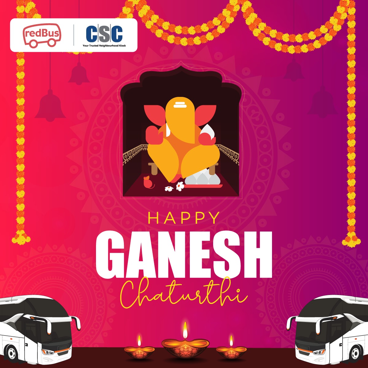🌟 Happy Ganesh Chaturthi! 🌟

May Lord Ganesha fill your life with success, happiness, and good fortune. 🙏✨

🎁 Celebrate with Savings! Earn up to ₹400 on every bus booking! 🚍💸

 👉Login to cscsafar.in > Our Services > Bus > 'redBus'

🕉️ Ganpati Bappa Morya! 🕉️