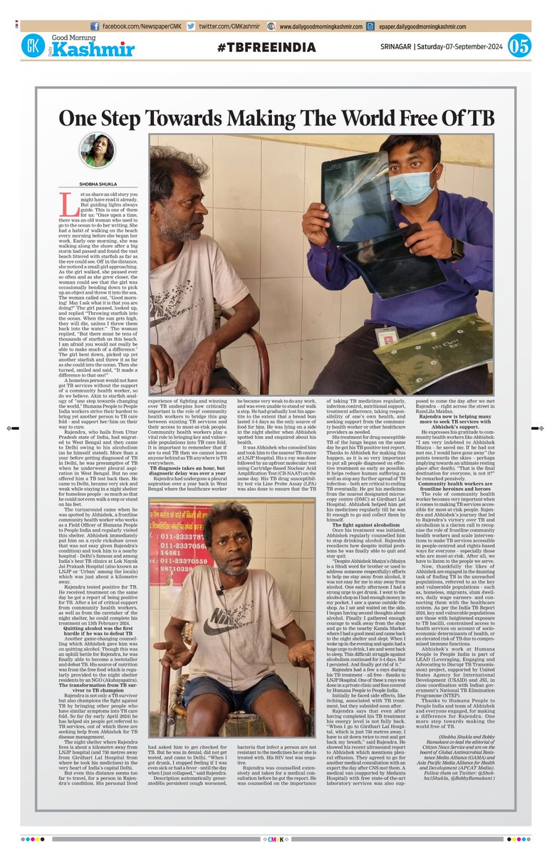 #PublishedToday 🌏 <a href="/Humana_India/">humana_india</a> frontline healthcare workers LINK those most-in-need &amp; TB risk (such as #homeless &amp; #migrant people) with services

🌏 Daily GMK
epaper.dailygoodmorningkashmir.com/epaper/edition…

🌏 CNS
citizen-news.org/2024/09/one-st…

#endTB #FindAllTB #ChangeMakers #MakeAdifference #BeTheChange