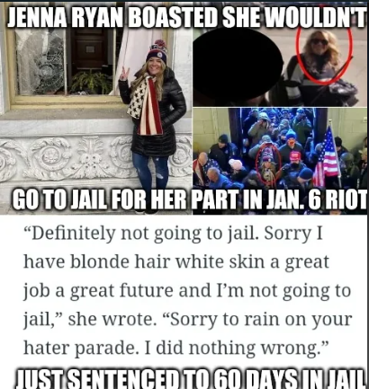 mmpadellan's tweet photo. NARRATOR: Jenna Ryan's blond hair and white skin did not save her insurrectionist ass from 60 days in jail.

See you at the hater parade!!! 🤣 https://t.co/rS7ncYM8MM