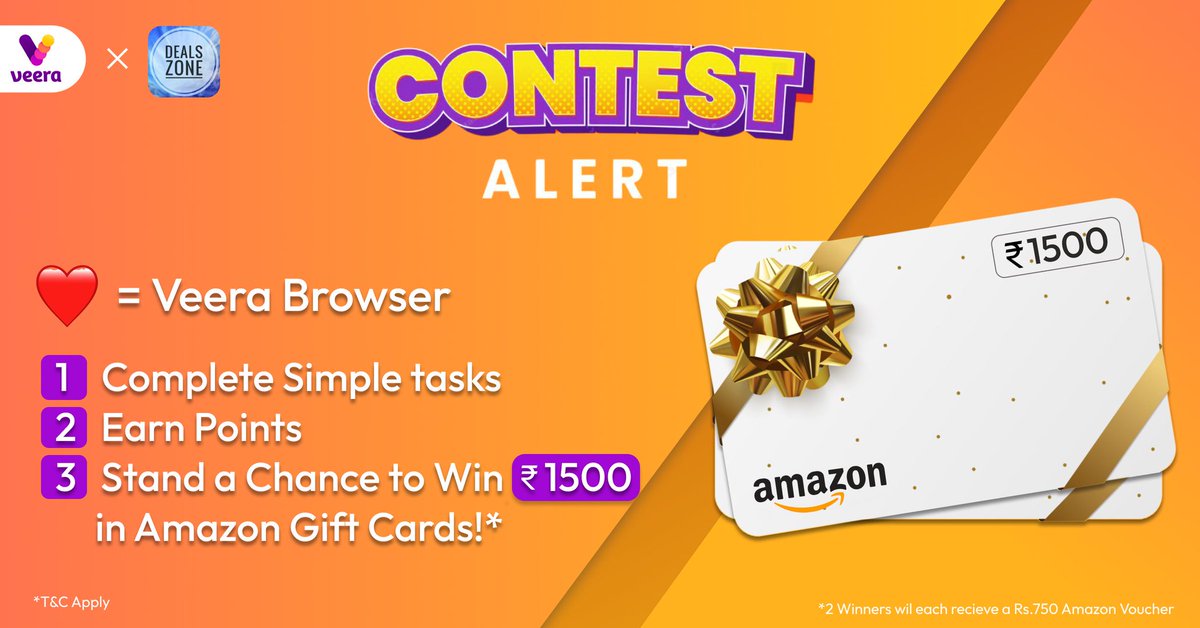 #ContestAlert

We’re thrilled to launch our campaign in collaboration with @VeeraBrowser to give away ₹1500 in Amazon gift cards! 🎁

How to Enter:
1. Follow @VeeraBrowser &amp; <a href="/DealsZoneIndia/">Deals Zone</a> (10 points)
2. Like and RT this post (5 points)
3. Tag 2 friends in the comments and use