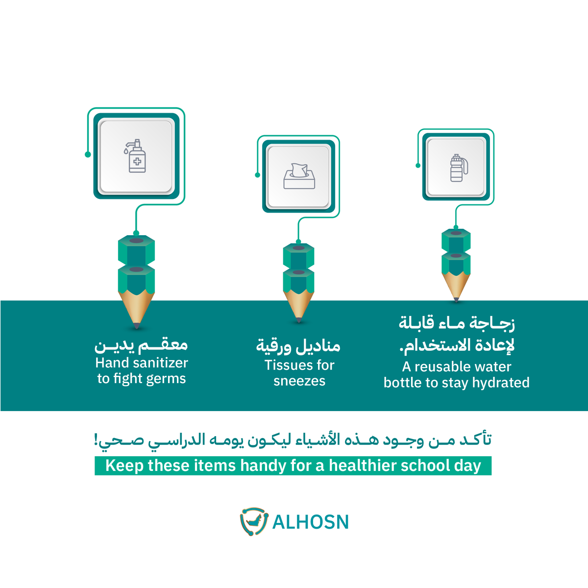 AlHosnApp's tweet photo. احمِ صحة طفلك مع هذه الأساسيات في حقيبة المدرسة.

#العادات_الصحية #أساسيات_للشنطة #الحصن

Protect your child's health with these school bag essentials.

#HealthyHabits #SchoolBagEssentials #Alhosn

@MOEUAEofficial https://t.co/SrTQLZxYL4