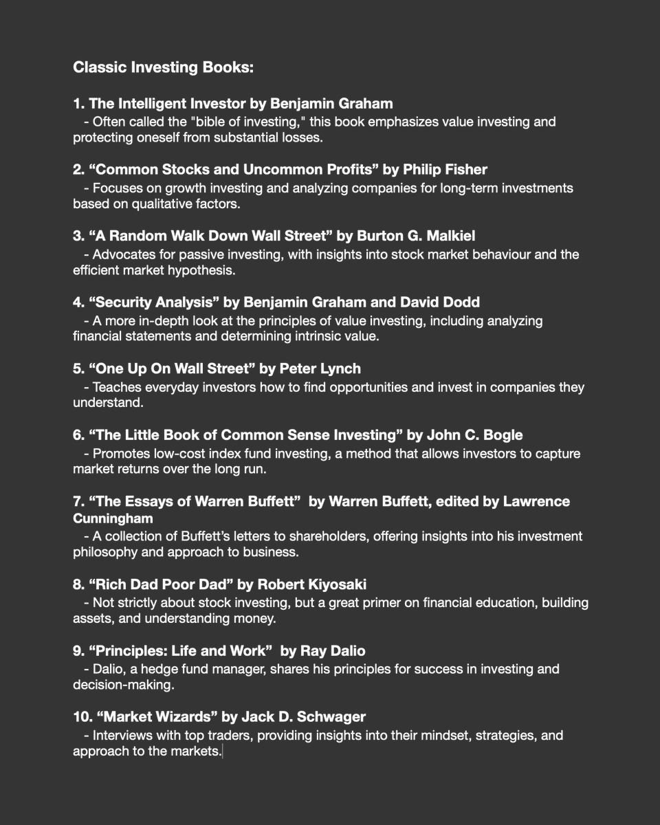 Shra1on___'s tweet photo. Reading books empowers and enlightens your thought process, offering new perspectives and deeper insights. Here are some classic must-reads on the stock market:
(#Investing #stocks #books #Equity #Mustreads #IndianStockMarket #Classic #WarrenBuffett #Wealth) https://t.co/AxZ7eOGLAO