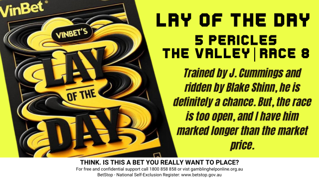 vinbetsports's tweet photo. 🏇 VINBET Lay of the Day Update: #MooneeValley R8 No. 5 - Pericles ($1.90*)
* Odds subject to change.

Think Pericles will prove me wrong? Head over to VINBET for top value 👉 https://t.co/YMZCxnet00

Sure, Pericles is trained by J. Cummings and ridden by Blake Shinn, which makes a strong combo, but I reckon this race is too open, and I’ve got him marked longer than the market price.

#LAYOFTHEDAY #LoveTheValley