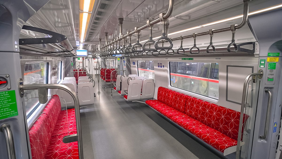 officialncrtc's tweet photo. The 100% Made-in-India #MeerutMetro trainsets will feature state-of-the-art, lightweight stainless-steel coaches. With ergonomic 2x2 transverse and longitudinal seating, each of these 3 car trainsets will comfortably carry over 700 passengers with a seating capacity of 173. Experience the future of urban transit!

#MeerutMetro #NCRTC #Namobharat

@NamoBharatDelMT @MoHUA_India @UPGovt @ADB_HQ @NDB_int @AIIB_Official @WorldBank @AlstomIndia @PIB_India @CMOfficeUP @mygovindia @PMOIndia  @narendramodi @myogiadityanath @mlkhattar