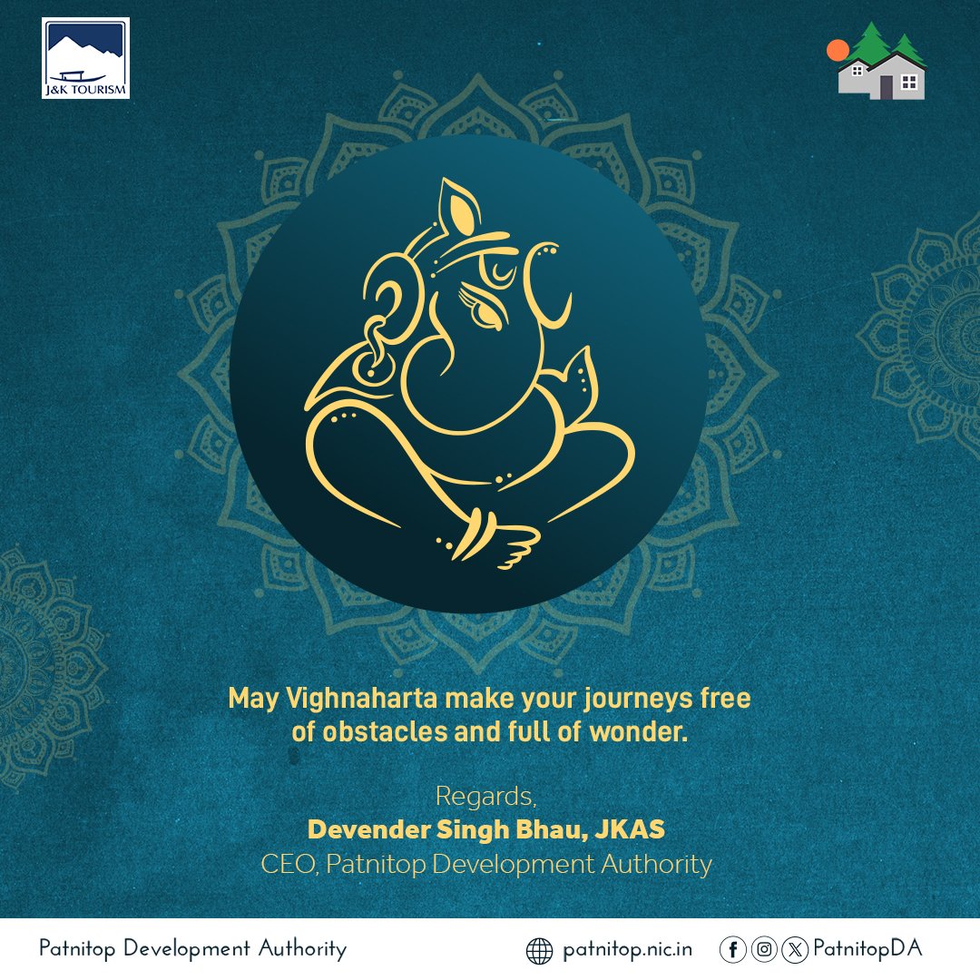 Devender Singh Bhau (@_dsbhau) on Twitter photo May Vighnaharta make your journeys free of obstacles and full of wonder.
Wishing you a joyful and blessed Ganesh Chaturthi. 
#HappyGaneshChaturthi
#VisitPatnitop May Vighnaharta make your journeys free of obstacles and full of wonder.
Wishing you a joyful and blessed Ganesh Chaturthi. 
#HappyGaneshChaturthi
#VisitPatnitop