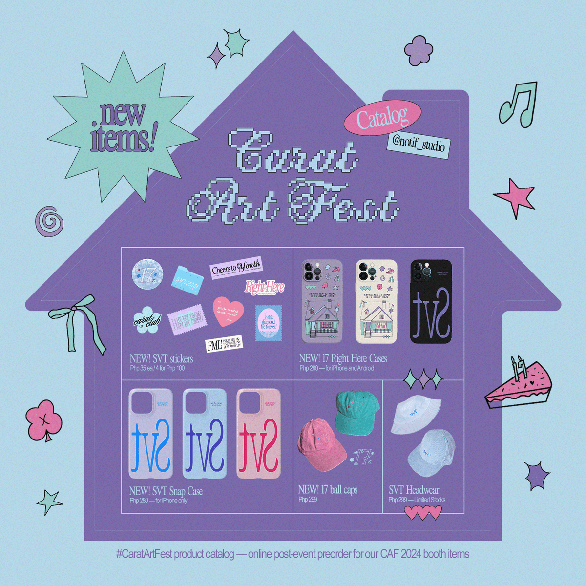 (help rt) preorder┊svt: carat art fest items 💗

— order &amp; payment deadline: Sept 14, 10:00PM
— stickers, limited headwear, cases
— complete details in our form

🛒: bit.ly/notifcaf24
📱: bit.ly/notifphones

⋆ 📲 ˚ 📦💎 。⋆ ★
