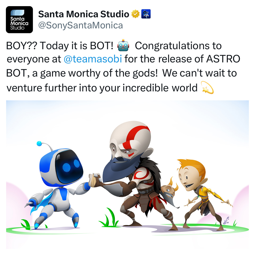 Our PlayStation Studios congratulating Team ASOBI on the launch of Astro Bot is the best thing ever.

[1/8] Santa Monica Studio 🤝