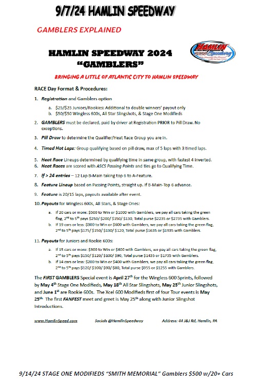 HamlinSpeed's tweet image. 9/7/24 Wingless 600 Sprints Gamblers $500/All General Admission $5