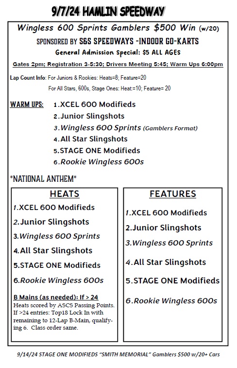 HamlinSpeed's tweet image. 9/7/24 Wingless 600 Sprints Gamblers $500/All General Admission $5