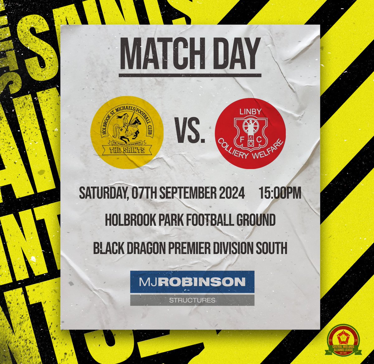 ⚽️ It’s match day in Holbrook.

🆚 @FcLinby 
🏟️ Holbrook Park Football Ground
⏰ 15:00PM
🏆 <a href="/CentralMidsAll/">⚽️ Central Midlands Alliance ⚽️</a>

Sponsored by <a href="/MJRobinsonStruc/">MJ Robinson Structures</a>.