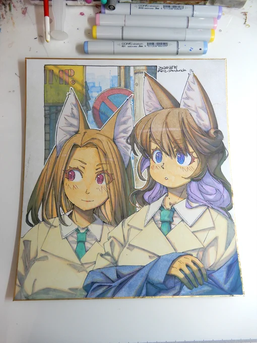 【アナログ2176:人気カレー店の行列】「私たちの順番は……」#水彩 #原画 #色紙 #狐娘 