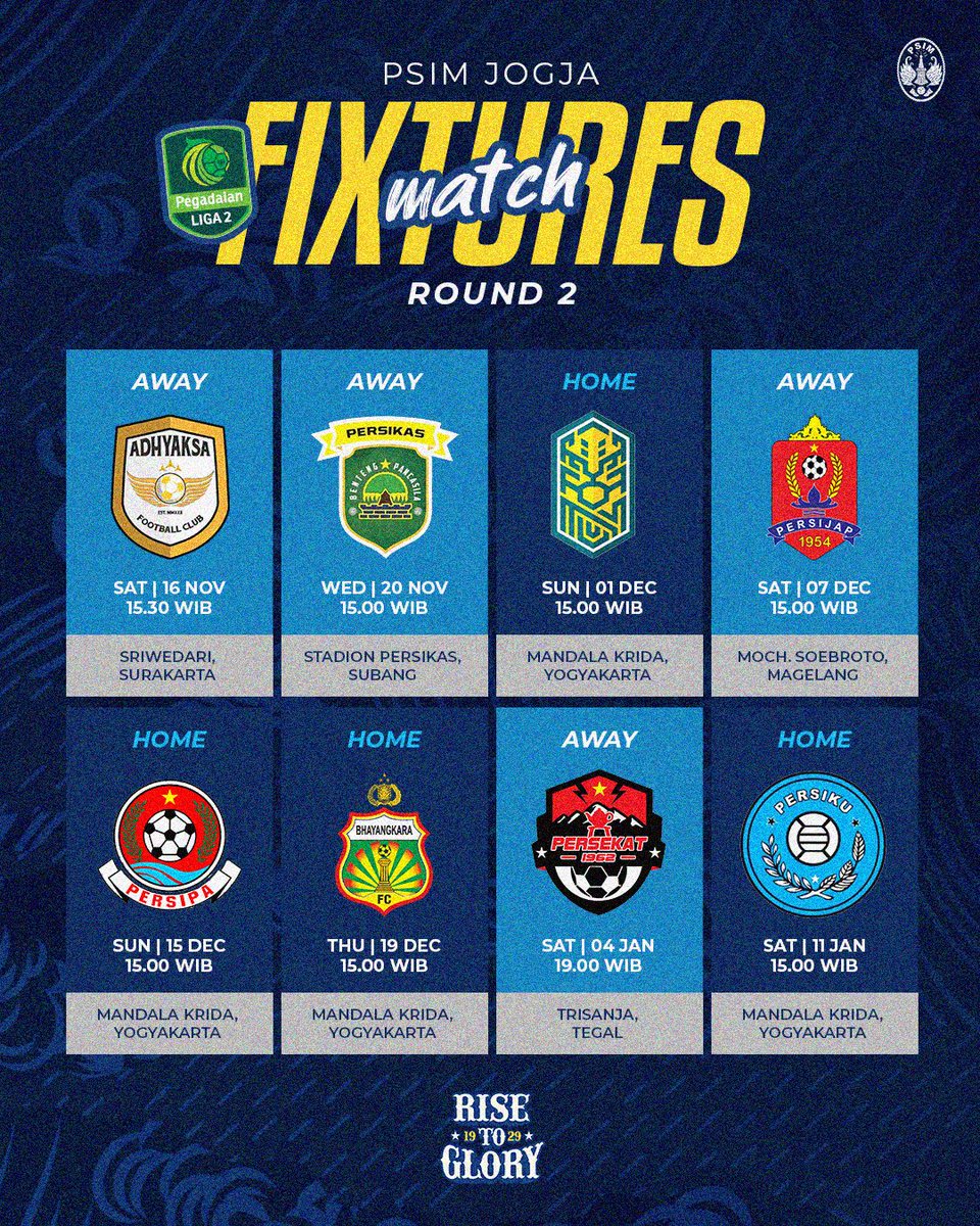 PSIMJOGJA's tweet photo. Berikut jadwal pertandingan PSIM Jogja babak grup di kompetisi Liga 2 2024/2025.

Catat tanggalnya dan kawal terus perjuangan Laskar Mataram, Dab!🔥💙

#Stron95pirit
#RiseToGlory
#LaskarMataram
#AYDK https://t.co/1o73FRHFry