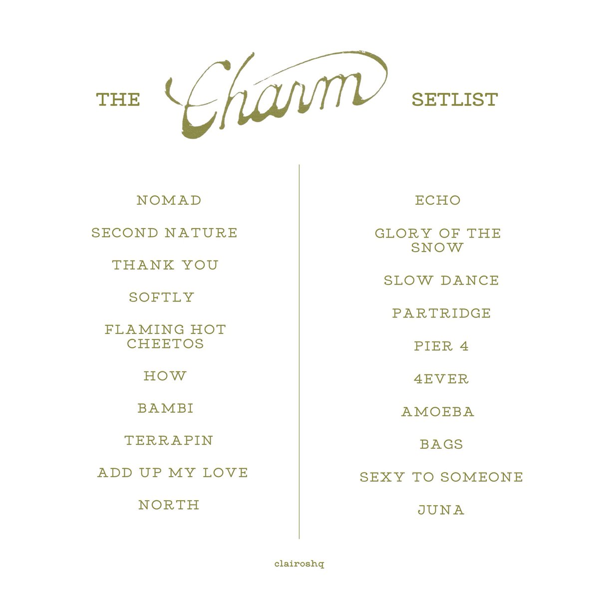 clairoshq's tweet photo. The setlist for Clairo’s Charm Tour! https://t.co/7uiTqTztIk