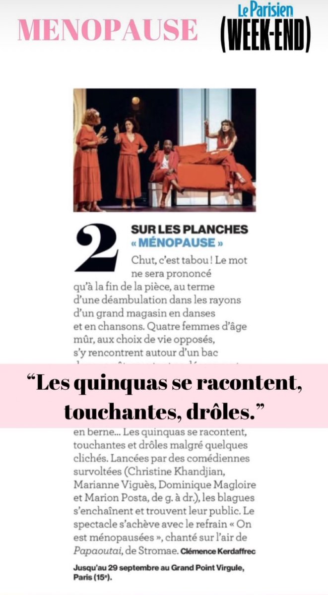 Ménopause - La comédie qui bouscule les règles (@menopausecomedy) on Twitter photo 🗞️ merci <a href="/le_Parisien/">Le Parisien</a> pour cet article ❤️
Et vous vous venez quand ?
➡️ billetreduc.com/347278/evt.htm
#spectacle #sortiraparis #ménopause 🗞️ merci <a href="/le_Parisien/">Le Parisien</a> pour cet article ❤️
Et vous vous venez quand ?
➡️ billetreduc.com/347278/evt.htm
#spectacle #sortiraparis #ménopause