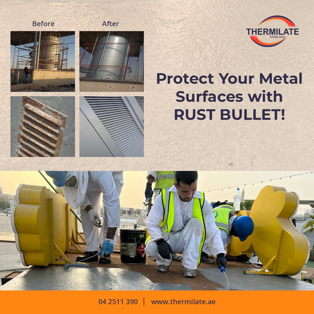 thermilate_me's tweet image. Rust Bullet is a single-component protective coating applied directly to rusted or clean surfaces. It penetrates rust, dehydrates, and solidifies into a tough, nearly impenetrable coating.
Call: 042511390 
tmedub@eim.ae 
#MetalCare #Durability #RustBullet #ThermilateMiddleEast