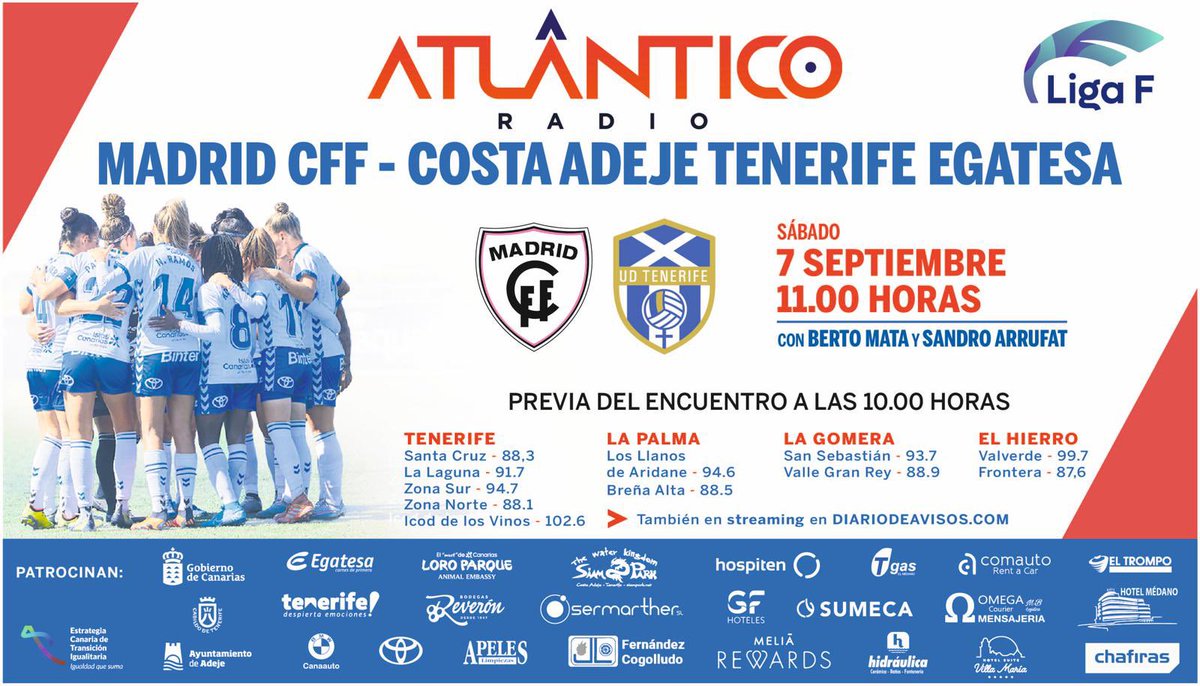 🚨¡𝗠𝗔𝗧𝗖𝗛 𝗗𝗔𝗬!🚨

⚽️ <a href="/MadridCFF/">Madrid CFF</a> - @UDCATenerife 

🏟️ Estadio Fernando Torres 
⏰ 11:00h (10:00 en directo)
🗓️ Jornada 1, <a href="/LigaF_oficial/">Liga F</a> 

🎙️ <a href="/mata_berto/">Berto Mata</a>  
🎙️ <a href="/sandroarrufat/">Sandro Arrufat</a> 
🗣️ @javidelgado1977 

📻<a href="/atlantico_radio/">Atlántico Radio</a> 
📲 APP y TDT
💻 diariodeavisos.com 
📩 651 37 37 37