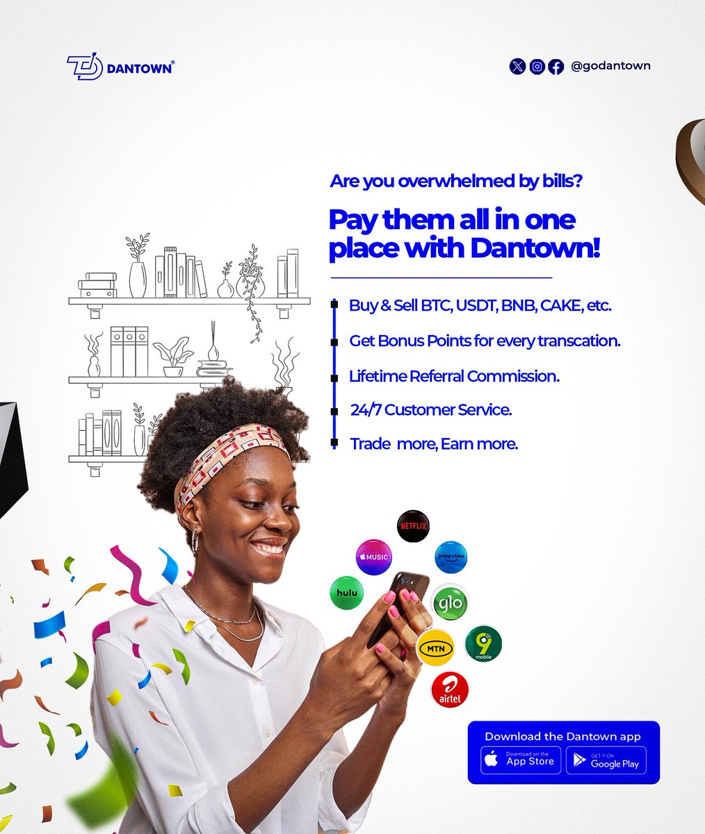 godantown's tweet photo. Dantown Dey for you!
Take control and simplify your payments with Dantown!
One platform, all your bills โ pay stress-free today.
#DantownEase #BillsMadeSimple #PaySmart #YourPaymentPartner #Dantown #Crypto #Utility #Airtime #Dstv #Gotv #Bbnaija #Showmax #Trade #blockchain https://t.co/4xoNH6FD80