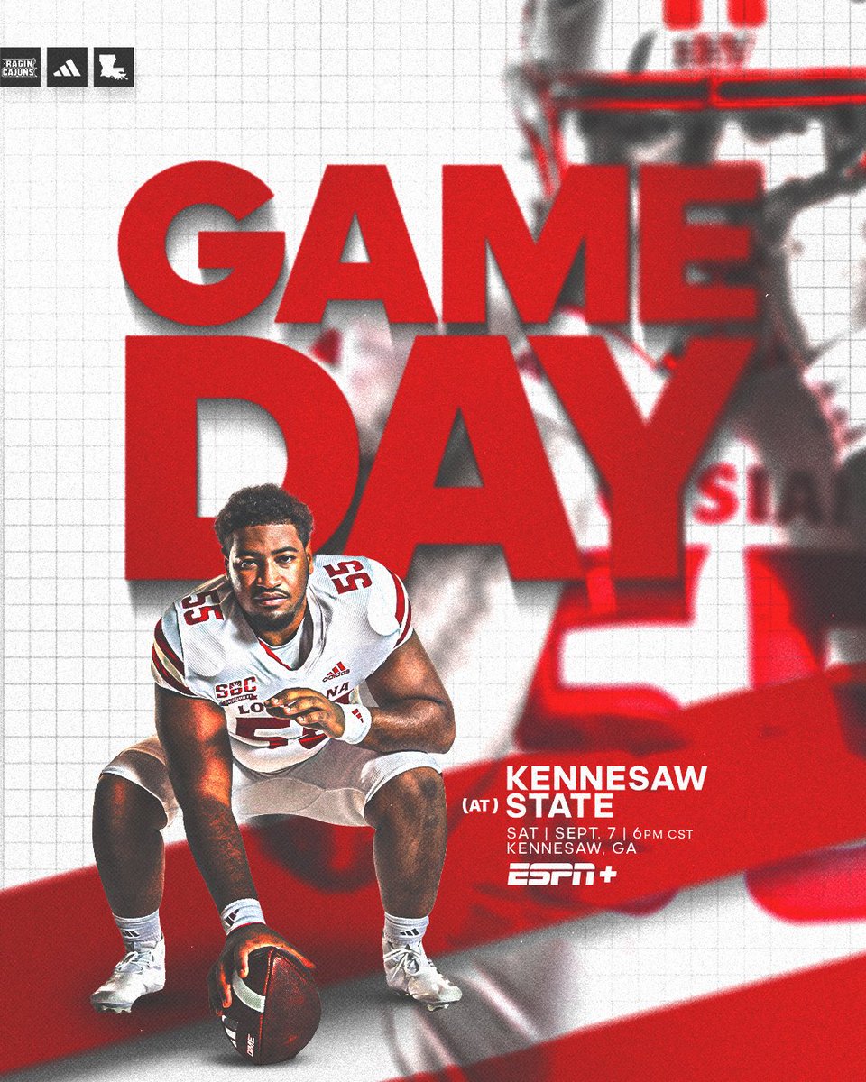 It's 𝗚𝗔𝗠𝗘𝗗𝗔𝗬 from Kennesaw 🤟

🆚 Kennesaw State
📅 9.7.24
⏰ 6 pm CT/7 pm ET
🏟️ Fifth Third Stadium
📺 ragncaj.co/FBWatch0907
📻 ragncaj.co/FBRadio0907
📊 ragncaj.co/FBLive0907

#cULture | #GeauxCajuns