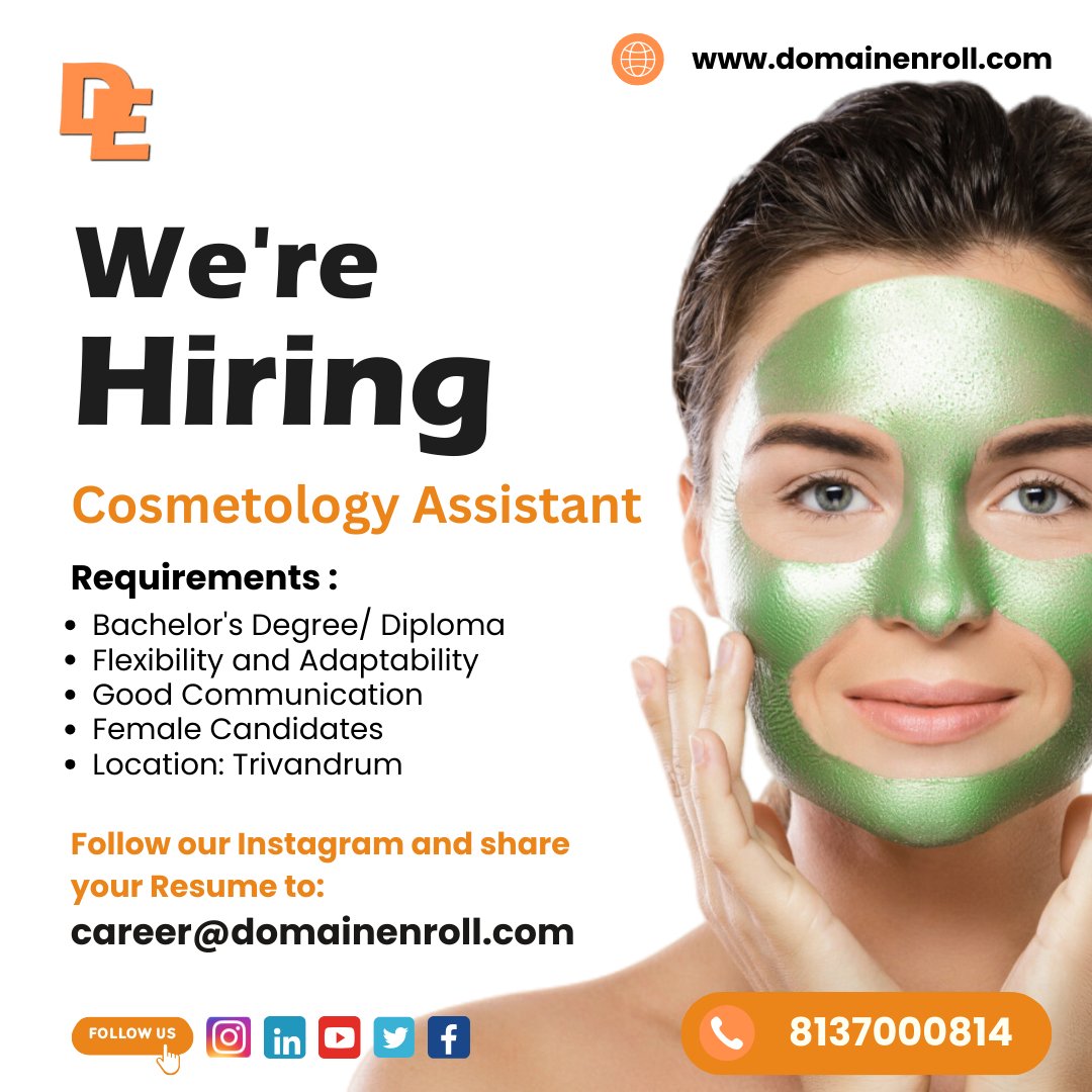 DomainEnroll's tweet image. We’re hiring a Cosmetology Assistant. You need a Bachelor’s degree or diploma in cosmetology, be flexible and adaptable, and have good communication skills. This position is for female candidates only. Send your resume to
 career@domainenroll.com 
#HiringNow #JobOpportunities