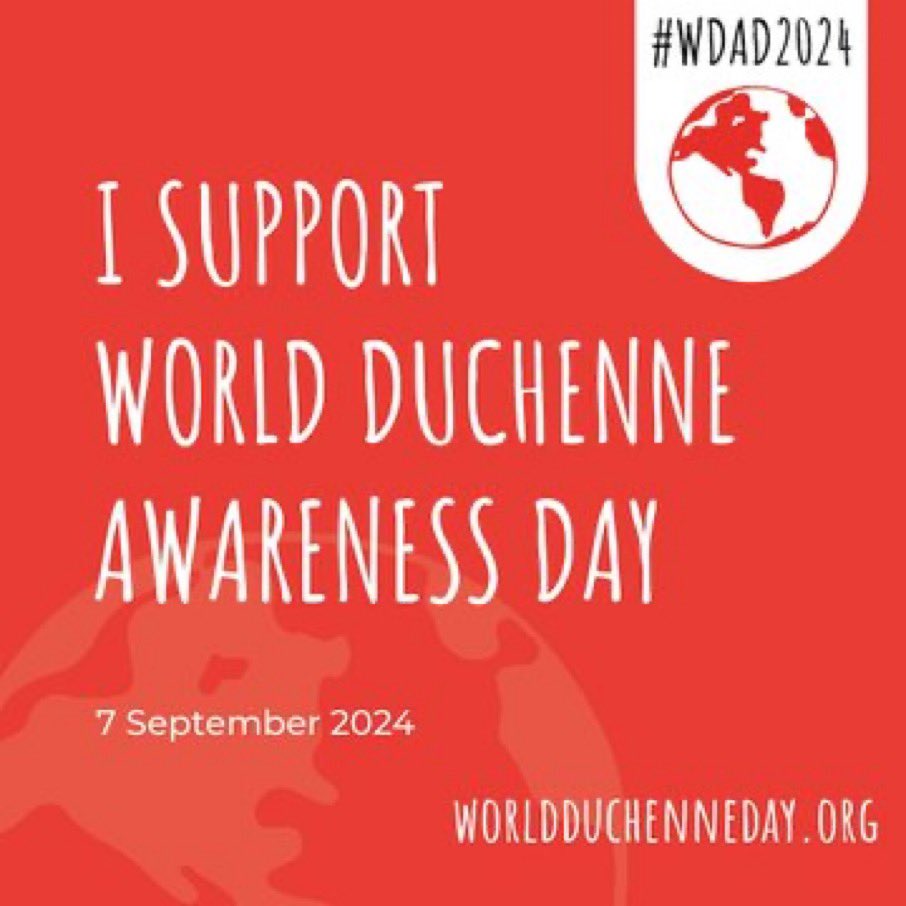 Today is #WorldDuchenneAwarenessDay.  I am honored to join the global call to action for those living with Duchenne Muscular Dystrophy.

Let’s work together to create a future without Duchenne Muscular Dystrophy. 

#WDAD2024 

<a href="/DuchenneDay/">World Duchenne Awareness Day 🎈</a>