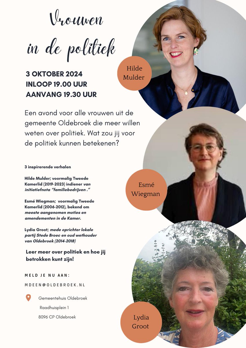 Een politieke vrouwenavond in @Oldebroek met <a href="/Hilde_PM/">Hilde Mulder</a>, <a href="/lydiagroot/">lydia groot</a> en <a href="/esme_wiegman/">Esmé Wiegman</a>

Zin in een boeiende leerzame avond?
Meld je dan aan via mdeen<a href="/oldebroek/">Corrie van der Horst</a>.nl